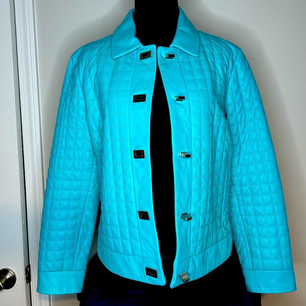 Siena Studio vintage quilted leather turquoise blue‎ jacket coat satin sz large